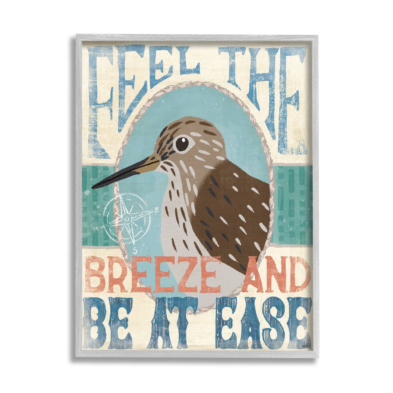 Stupell Industries Feel Breeze Be Ease Nautical Phrase Sandpiper Bird Framed Wall Art